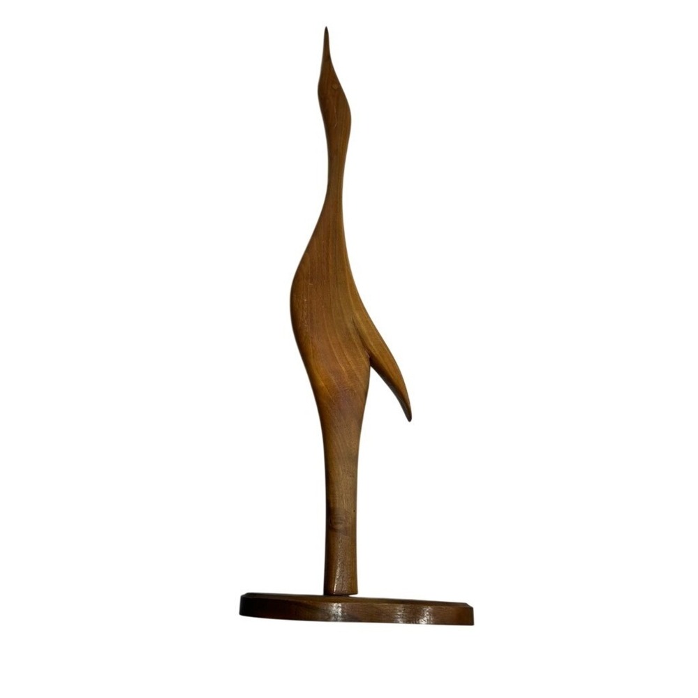 Vintage mid century‎ modern hand carved teak wood crane bird sculpture MCM decor